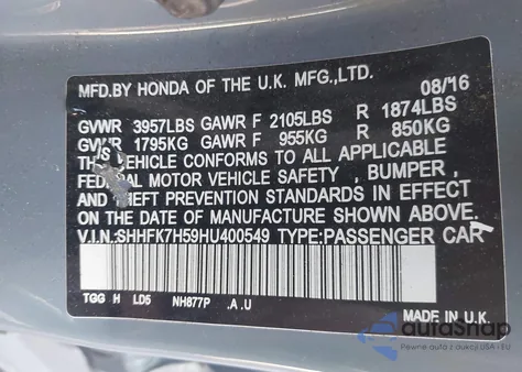 2017 Honda Civic Ex z USA, uszkodzony, nr VIN SHHFK7H59HU400549